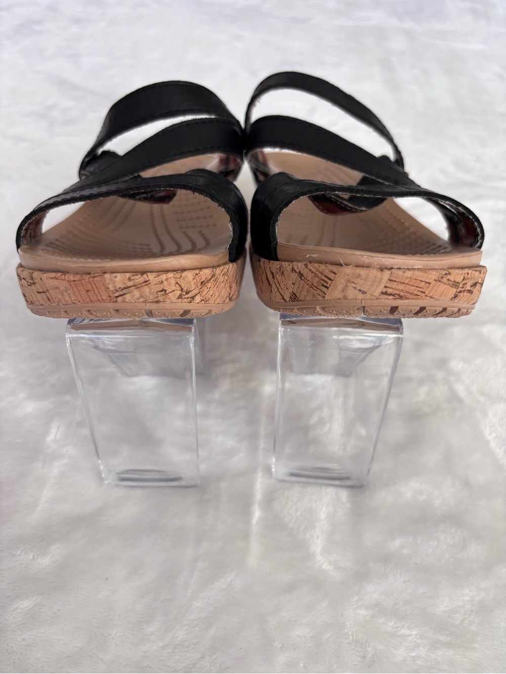 CROCS A-Leigh Black Leather Strappy Cork Platform Wedge Slip On Sandal--EUC--6 - Picture 7 of 11